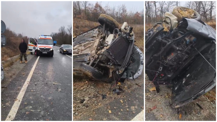 Accident pe DN 76, Bihor: mașină în șanț cu roțile sus