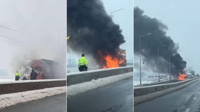 Autoutilitară în flăcări lângă Aeroportul Oradea. Trafic oprit