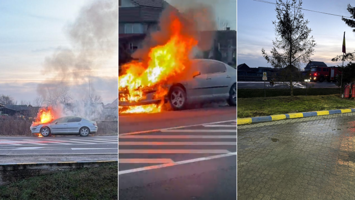 Mașină în flăcări în timpul mersului, la Chiribiș. Șoferul s-a autoevacuat.