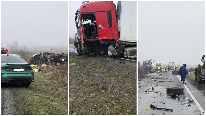 ACTUALIZARE: Accident fatal pe o șosea din Timiș. Șapte persoane au decedat în urma coliziunii dintre două camioane, un microbuz și o mașină.