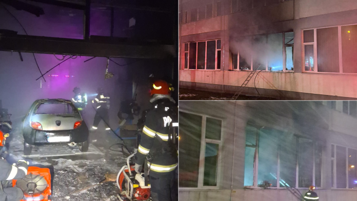 Incendiu puternic la un laborator al Universității din Oradea. O mașină, o motocicletă și toate materialele didactice au fost distruse.