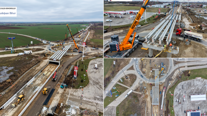 Lucrările la pasajul de pe DN19, lângă Biharia, progresează. Muncitorii au început instalarea grinzilor.