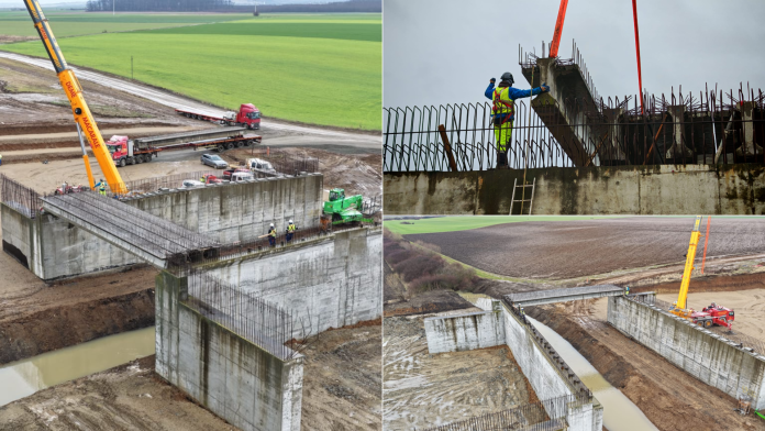 Lucrările pe Lotul A3 Chiribiș – Biharia progresează: începe instalarea grinzilor la poduri și pasaje.