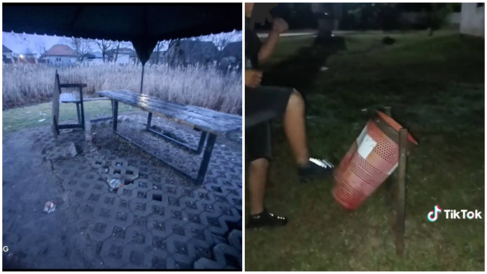 Vandalism într-un parc din satul Batăr: Doi tineri au distrus coșurile de gunoi și au publicat imaginile online.