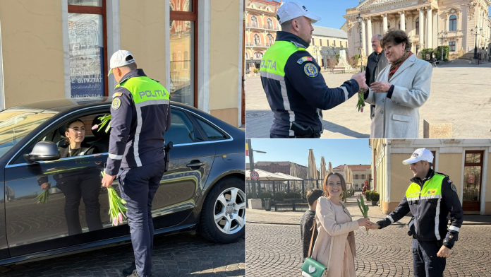 Doamnele din Oradea, „răsplătite” cu flori de polițiștii bihoreni, de Ziua Internațională a Femeii