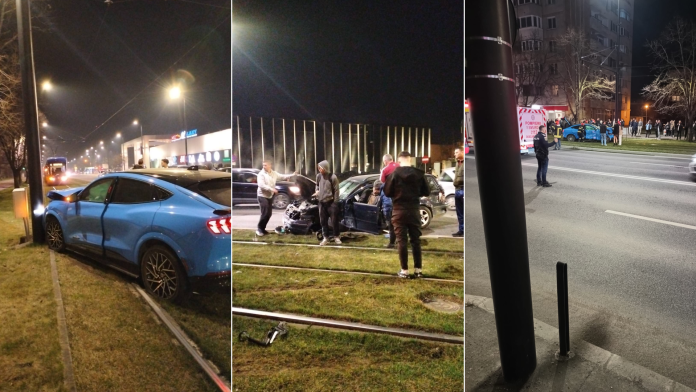 Accident grav de circulație pe Bulevardul Nufărul din Oradea. Un Mustang a ajuns pe șinele de tramvai.