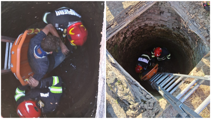 Misiune contracronometru: Un bărbat salvat de pompieri după ce a căzut într-o fântână.