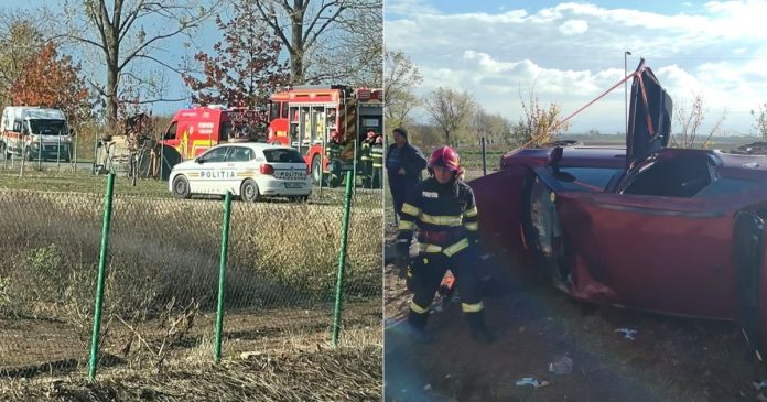 Mașină răsturnată în Marghita. O femeie și un copil, transportați la spital